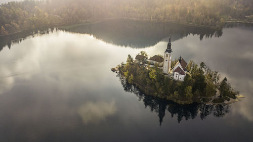 High angle view of trees by lake