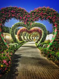 Walkway amidst trees against clear sky