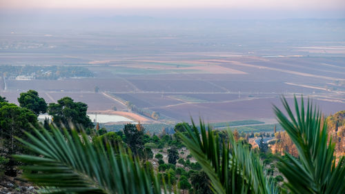 High angle view of trees and cityscape against sky