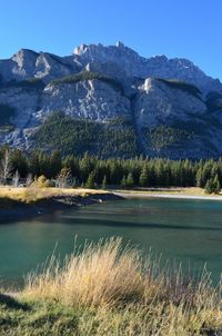 Scenic view of lake by mountains against sky