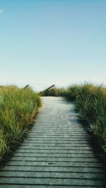 Walkway on beach against clear blue sky