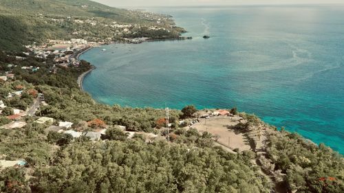 High angle view of bay against sky