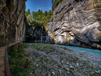 Plants growing on rocks by canal against sky