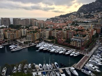 High angle view of river amidst buildings in city monaco marina