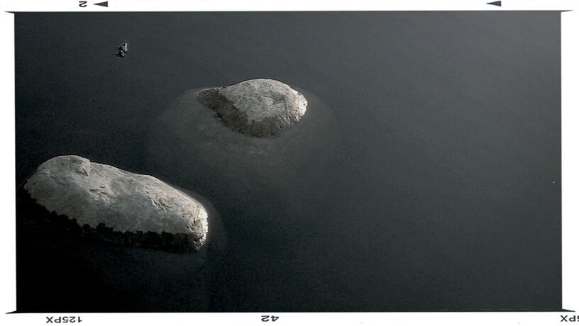 transfer print, auto post production filter, water, rock - object, waterfront, nature, tranquility, beauty in nature, sea, no people, high angle view, rock, close-up, tranquil scene, outdoors, rock formation, copy space, reflection, scenics, day