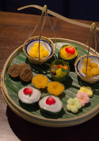 High angle view of fruits in bowl on table