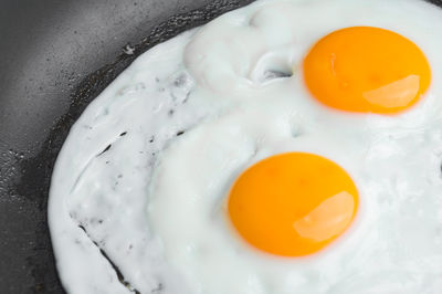 Close-up of fried eggs in frying pan