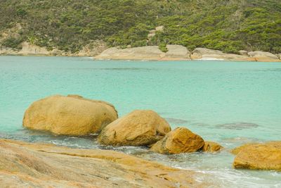 Rocks on shore by sea