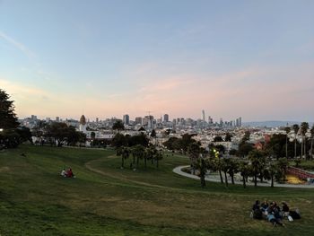 Scenic panorama of downtown san fransisco as seen from dolores park.