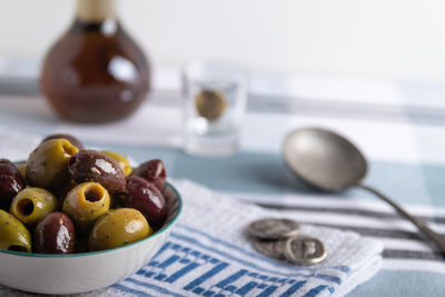 Close-up of fruits in plate on table