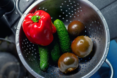 High angle view of fruits and vegetables in container