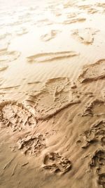 High angle view of footprints on sand at beach