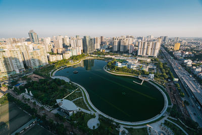 High angle view of buildings in city