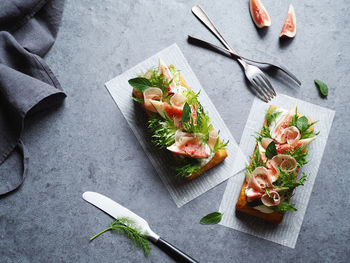 High angle view of food on table