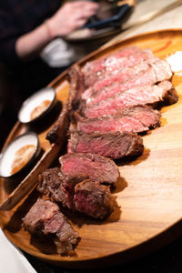 Close-up of meat served on table