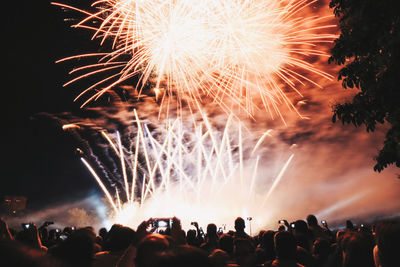 Crowd looking at firework display during night