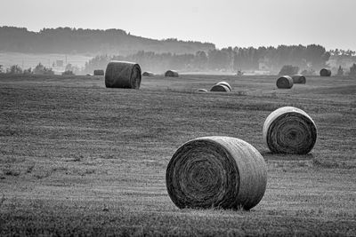Hay bales on field against sky