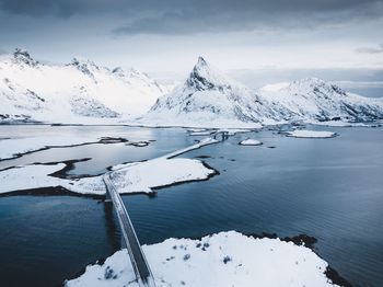 Scenic view of snowcapped mountains against sky during winter