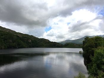 Scenic view of lake against cloudy sky