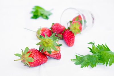 Close-up of strawberries on table against white background