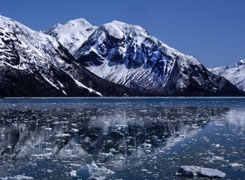 Snow floating on river by snowcapped mountain