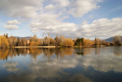 Reflection of trees in lake against cloudy sky