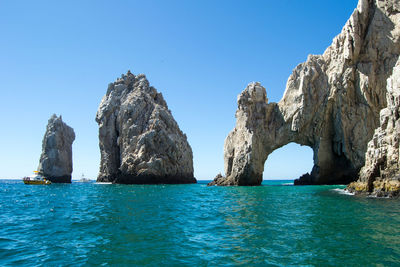 Panoramic view of sea against clear blue sky