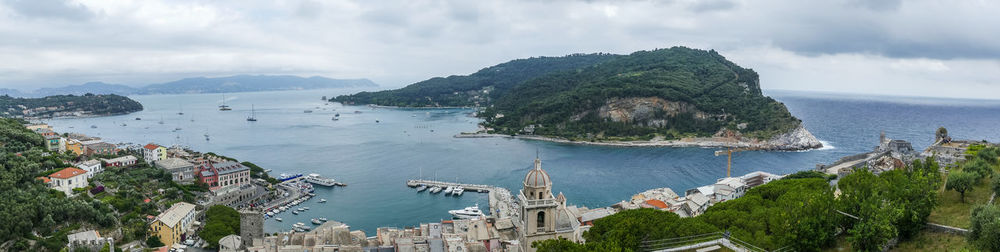 High angle view of bay against sky