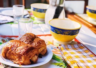 Close-up of breakfast served on table