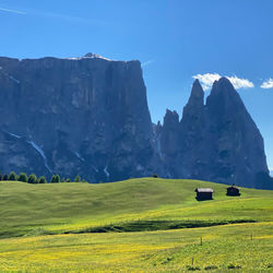 Scenic view of field and mountains against sky