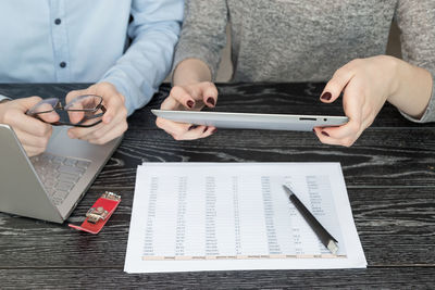 High angle view of woman using mobile phone on table