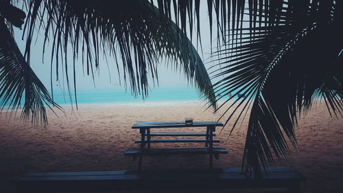 Empty bench overlooking calm sea