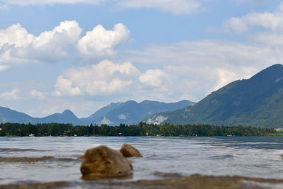 Scenic view of lake and mountains against sky