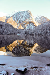 Scenic view of snow covered mountains against sky