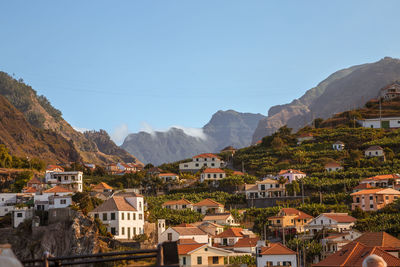 Houses in town against clear blue sky