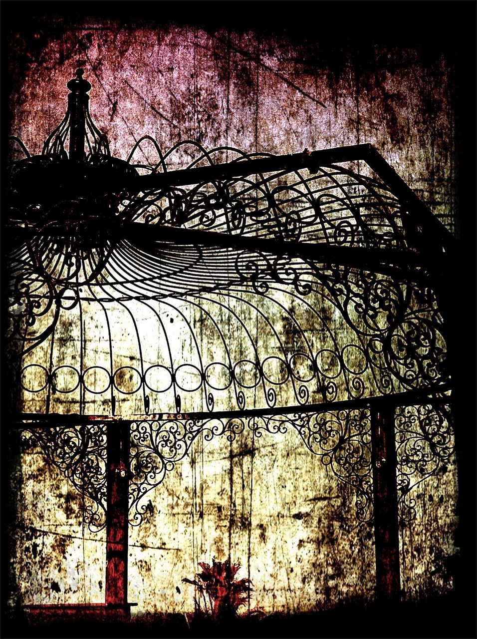 transfer print, auto post production filter, built structure, silhouette, tree, protection, fence, bare tree, architecture, safety, sky, gate, metal, security, branch, chainlink fence, indoors, closed, no people, low angle view