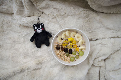 High angle view of cat in bowl