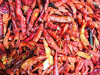 Full frame shot of red chili peppers at market