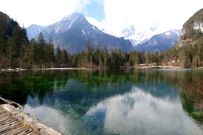 Scenic view of lake by snowcapped mountains against sky