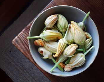 High angle view of vegetables in bowl on table