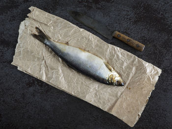 Directly above shot of salted herring on crumpled paper at black table