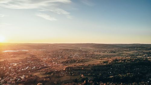 High angle view of townscape against sky during sunset