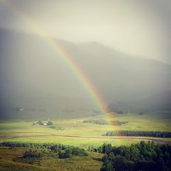 Scenic view of rainbow over field against sky