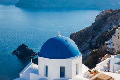 Traditional architecture of the churches of the oia city in santorini island