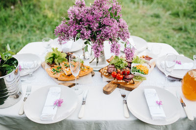 High angle view of bouquet on table outdoors