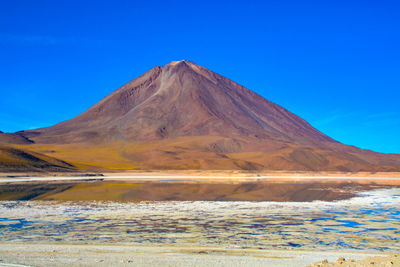 Scenic view of snowcapped mountains against blue sky