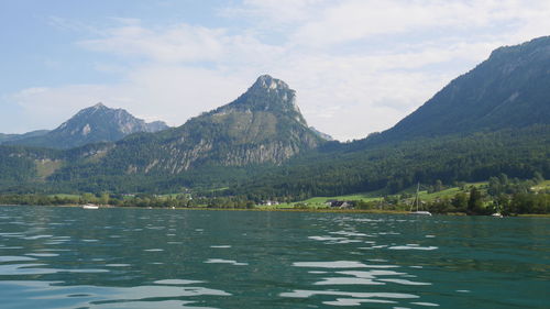 Scenic view of lake by mountains against sky