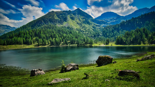 Scenic view of lake and mountains against sky