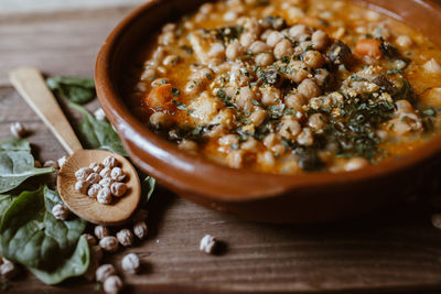 Close up vegan food. potaje is a typical spanish food. chickpeas with chard.