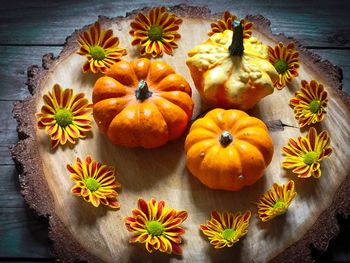 High angle view of orange flowers on table